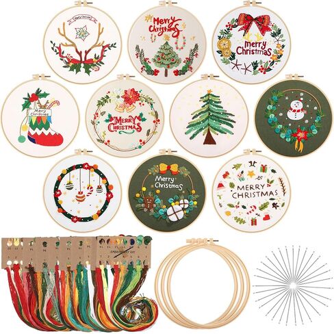 جنين مجموعة تطريز الكريسماس مكونة من 10 قطع مع أنماط وتعليمات للكريسماس، مجموعة خياطة متقاطعة للكريسماس، مجموعة تطريز للمبتدئين البالغين مع ابر قماشية حلقية وخيوط ملونة in Kuwait