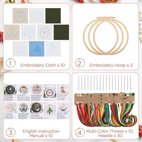 جنين مجموعة تطريز الكريسماس مكونة من 10 قطع مع أنماط وتعليمات للكريسماس، مجموعة خياطة متقاطعة للكريسماس، مجموعة تطريز للمبتدئين البالغين مع ابر قماشية حلقية وخيوط ملونة in Kuwait