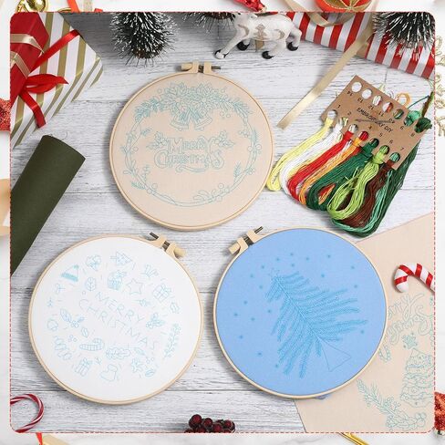 جنين مجموعة تطريز الكريسماس مكونة من 10 قطع مع أنماط وتعليمات للكريسماس، مجموعة خياطة متقاطعة للكريسماس، مجموعة تطريز للمبتدئين البالغين مع ابر قماشية حلقية وخيوط ملونة in Kuwait