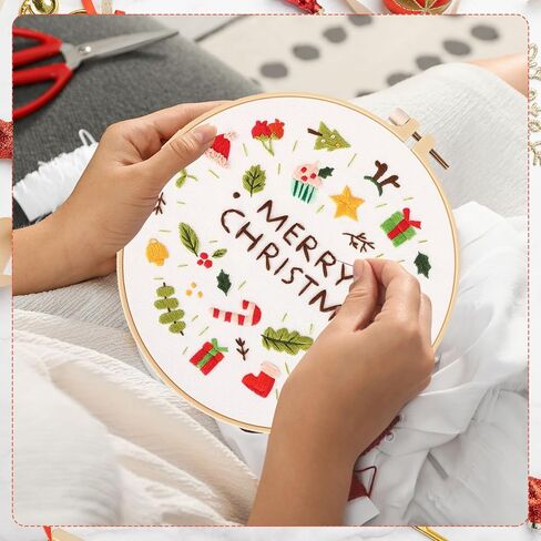جنين مجموعة تطريز الكريسماس مكونة من 10 قطع مع أنماط وتعليمات للكريسماس، مجموعة خياطة متقاطعة للكريسماس، مجموعة تطريز للمبتدئين البالغين مع ابر قماشية حلقية وخيوط ملونة in Kuwait