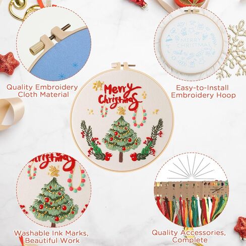 جنين مجموعة تطريز الكريسماس مكونة من 10 قطع مع أنماط وتعليمات للكريسماس، مجموعة خياطة متقاطعة للكريسماس، مجموعة تطريز للمبتدئين البالغين مع ابر قماشية حلقية وخيوط ملونة in Kuwait