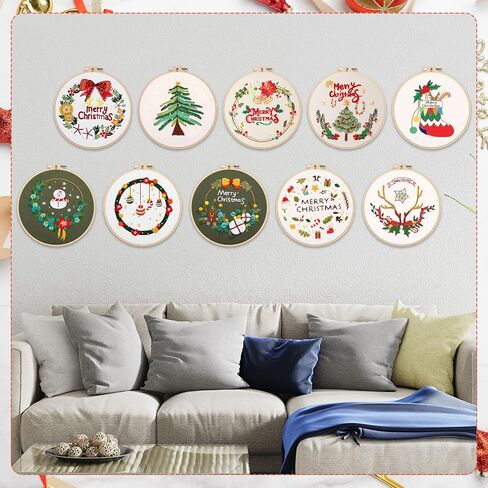 جنين مجموعة تطريز الكريسماس مكونة من 10 قطع مع أنماط وتعليمات للكريسماس، مجموعة خياطة متقاطعة للكريسماس، مجموعة تطريز للمبتدئين البالغين مع ابر قماشية حلقية وخيوط ملونة in Kuwait