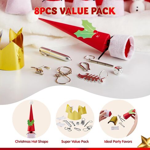 JOYIN 8 PCS Christmas No Snap Party Table Favors, Xmas Non Snap Party Supplies Gift With Party Hat, Jokes & Silver Hanging Decorations for Kids Christmas Parties Dinners and Holidays in Kuwait