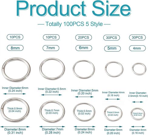 KISSITTY 100pcs 925 Sterling Silver Open Jump Rings 4mm 5mm 6mm 7mm 8mm Silver Round Rings Connectors Assorted Jump Rings for Adults DIY Earrings Bracelets Necklaces Jewelry Making in Kuwait