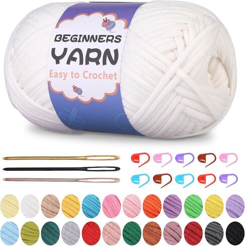 200g/7Oz Yarn for Crocheting, Crochet Yarn, Easy Yarn for Beginners with Easy-to-See Stitches, Stitch Marker, Big Eye Blunt Needle, Beginner Yarn for Crocheting (White) in Kuwait