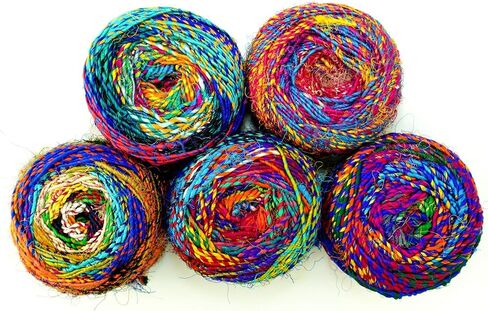 Revolution Fibers Recycled Sari Silk Yarn, Multi-Color Pure Silk Yarn, Made from Handspun Used Sari Fabric Ribbon Scraps, Rainbow Yarn for Knitting, Weaving & Crocheting 100 Grams per Ball (1-Ball) in Saudi Arabia