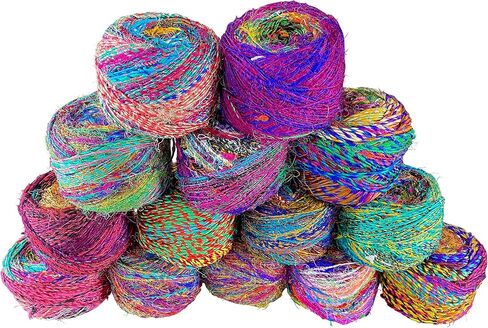 Revolution Fibers Recycled Sari Silk Yarn, Multi-Color Pure Silk Yarn, Made from Handspun Used Sari Fabric Ribbon Scraps, Rainbow Yarn for Knitting, Weaving & Crocheting 100 Grams per Ball (1-Ball) in Saudi Arabia