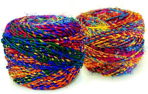 Revolution Fibers Recycled Sari Silk Yarn, Multi-Color Pure Silk Yarn, Made from Handspun Used Sari Fabric Ribbon Scraps, Rainbow Yarn for Knitting, Weaving & Crocheting 100 Grams per Ball (1-Ball) in Saudi Arabia