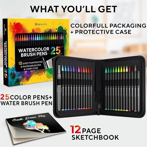 Artist Watercolor Brush Pens Set of 26 Vibrant Markers with Bonus 1 Water Brush Pen 25 Colors Flexible Nylon Tips Paper Pad & Carry Case Non-Toxic Safe & Fun Watercolors in Kuwait