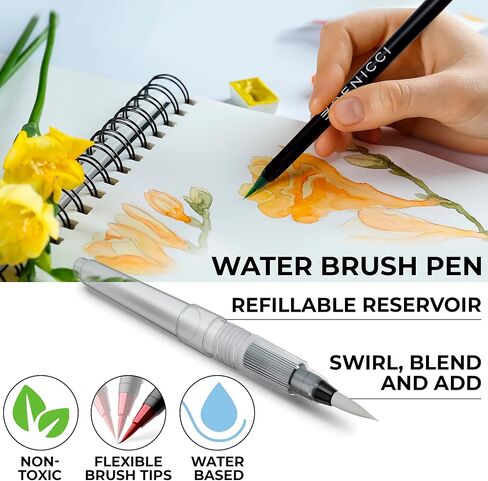 Artist Watercolor Brush Pens Set of 26 Vibrant Markers with Bonus 1 Water Brush Pen 25 Colors Flexible Nylon Tips Paper Pad & Carry Case Non-Toxic Safe & Fun Watercolors in Kuwait