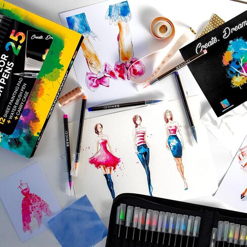 Artist Watercolor Brush Pens Set of 26 Vibrant Markers with Bonus 1 Water Brush Pen 25 Colors Flexible Nylon Tips Paper Pad & Carry Case Non-Toxic Safe & Fun Watercolors in Kuwait