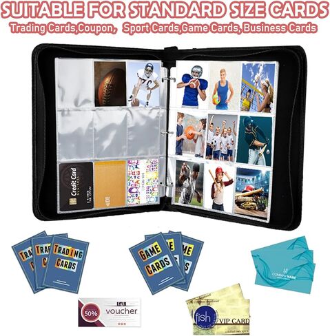 حافظة بطاقات بأربعة جيوب - حامل بطاقات تجارية يحتوي على 448 جيبًا مع 3 حلقات على شكل حرف D تحمل 56 أكمام قابلة للإزالة، مجموعة بطاقات ألبوم بطاقات التجميع للألعاب والبيسبول in Kuwait