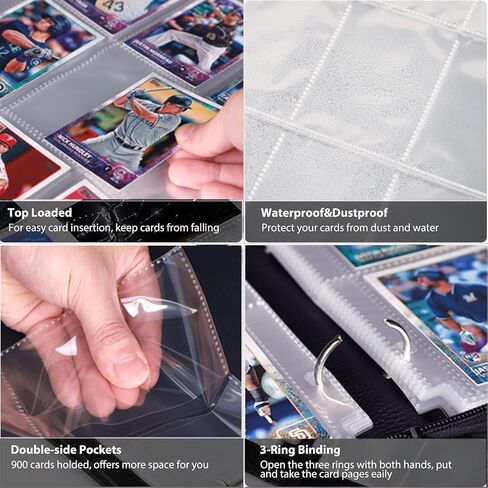 حافظة بطاقات بأربعة جيوب - حامل بطاقات تجارية يحتوي على 448 جيبًا مع 3 حلقات على شكل حرف D تحمل 56 أكمام قابلة للإزالة، مجموعة بطاقات ألبوم بطاقات التجميع للألعاب والبيسبول in Kuwait