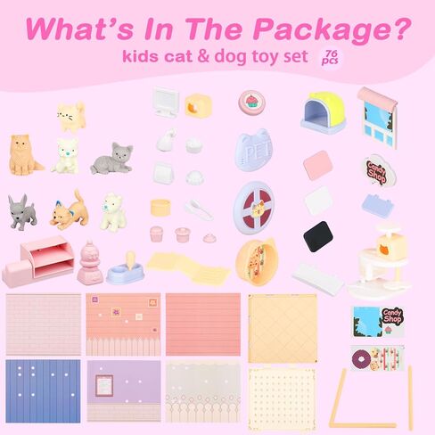 مجموعة اللعب التظاهرية للقطط والكلاب من TQQFUN للأطفال، 50 قطعة من ألعاب تماثيل الحيوانات الأليفة، لعبة مونتيسوري لبناء جذع الحيوانات الأليفة للأطفال الصغار، شقة للقطط للأولاد والبنات in Kuwait