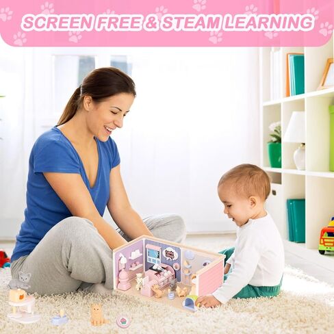 مجموعة اللعب التظاهرية للقطط والكلاب من TQQFUN للأطفال، 50 قطعة من ألعاب تماثيل الحيوانات الأليفة، لعبة مونتيسوري لبناء جذع الحيوانات الأليفة للأطفال الصغار، شقة للقطط للأولاد والبنات in Kuwait