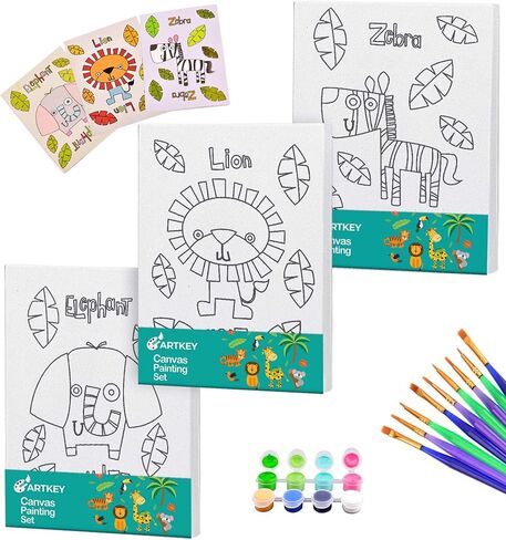 قماش Artkey المرسوم مسبقًا للرسم، مجموعة قماش مطبوعة مقاس 5 × 7 بوصات لطلاء القماش، حزمة من 39-3 قماش ممتد، 24 وعاء طلاء أكريليك، 9 فرش طلاء، 3 عروض (أسد، حمار وحشي، فيل) in Kuwait