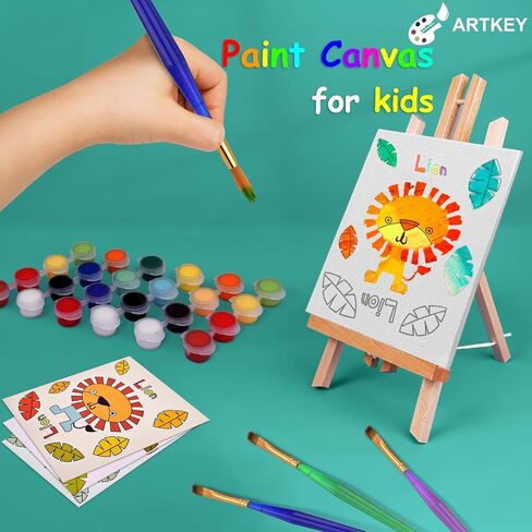 قماش Artkey المرسوم مسبقًا للرسم، مجموعة قماش مطبوعة مقاس 5 × 7 بوصات لطلاء القماش، حزمة من 39-3 قماش ممتد، 24 وعاء طلاء أكريليك، 9 فرش طلاء، 3 عروض (أسد، حمار وحشي، فيل) in Kuwait