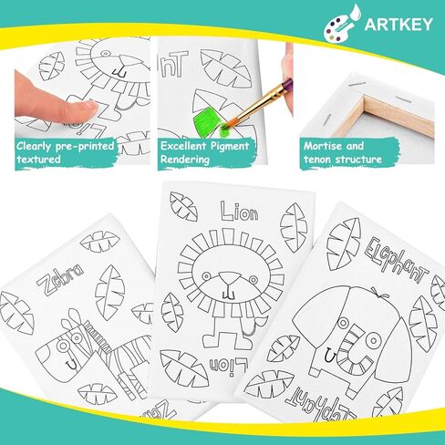 قماش Artkey المرسوم مسبقًا للرسم، مجموعة قماش مطبوعة مقاس 5 × 7 بوصات لطلاء القماش، حزمة من 39-3 قماش ممتد، 24 وعاء طلاء أكريليك، 9 فرش طلاء، 3 عروض (أسد، حمار وحشي، فيل) in Kuwait