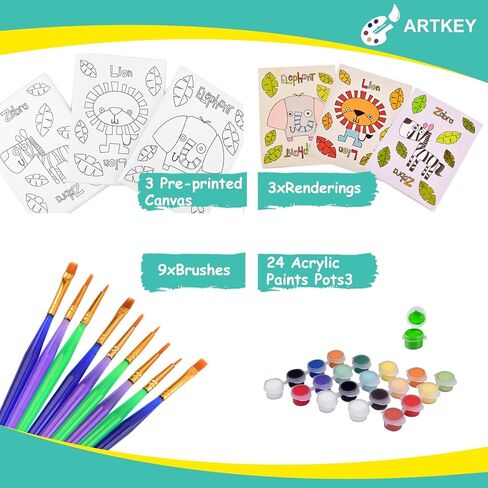 قماش Artkey المرسوم مسبقًا للرسم، مجموعة قماش مطبوعة مقاس 5 × 7 بوصات لطلاء القماش، حزمة من 39-3 قماش ممتد، 24 وعاء طلاء أكريليك، 9 فرش طلاء، 3 عروض (أسد، حمار وحشي، فيل) in Kuwait