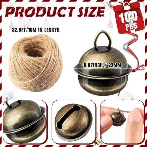 100 Pieces Christmas Bells 22mm Vintage Craft Bells Decorative Brass Bells Hanging Bronze Bell Ornaments 3 Piece Flax Rope for Wind Chimes Pet Dog Cat Pendants Christmas Tree Craft Decoration in Saudi Arabia