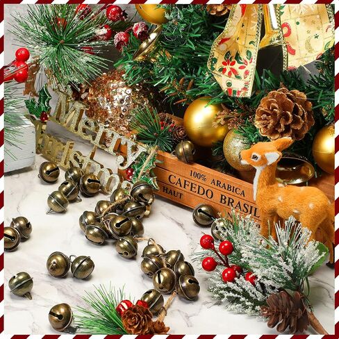 100 Pieces Christmas Bells 22mm Vintage Craft Bells Decorative Brass Bells Hanging Bronze Bell Ornaments 3 Piece Flax Rope for Wind Chimes Pet Dog Cat Pendants Christmas Tree Craft Decoration in Saudi Arabia
