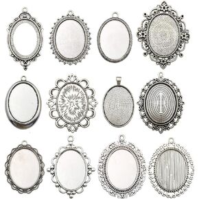 Youdiyla 10 Pendant Trays, 30x40mm, Blank Oval Cabochons Base Setting Bezel Frame Metal Cameo for Photo Pendant Jewelry Making (Antique Silver-HM278)