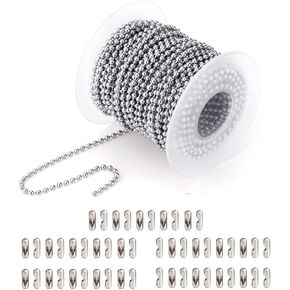 Wayilea Ball Bead Chain 70 Feet, Stainless Steel Chains Silver with 150pcs Connectors Clasps, Dog Tag Key Chains for Jewelry Making DIY Necklace Crafts, 2.4mm Ball, 1 Roll 21.3 Meters