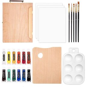 Academy Art Supply Tabletop Easel Set with Easel Box, 12 Acrylic Paint Tubes, 3 Canvas Panels (9" x 12"), 5 Paintbrushes, Wooden Palette, and Plastic Paint Palette (23 Piece Kit)