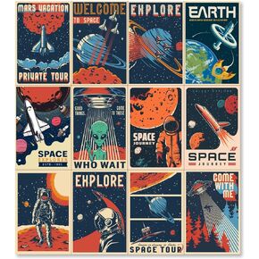 HK Studio Vintage Space Decor Posters - Retro Outer Space Room Decor Aesthetic 8" x 12" Pack 12