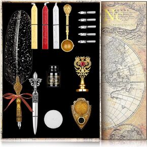 NC Upgraded Wax Seal Stamp Kit,Quill Pen ink Set Includes Feather Dip Pen,Ink,5 Replacement Nibs,3 Wax Seal Sticks,Pen Nib Base,Seal Stamp, White Wax,Spoon,Envelope Letter Paper, Envelope Tool（Red）