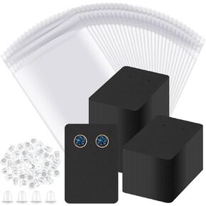 Hilitchi 300Pcs Square Earring Cards Kit, Including 100Pcs 3.5"x2.4" Necklace Display Cards Earring Holder Cards Blank Paper Cards, 100Pcs Earring Backs, 100Pcs Self-Sealing Bags (Black)