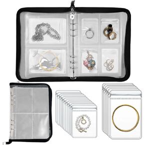 Travel Jewelry Organizer Transparent Jewelry Storage Book Set with Anti-oxidation Pocket Traveling Necklace Earring Organizer for Ring, Bracelets, Postcard (120 Grids +75 Thicken PVC Zipper Bags)