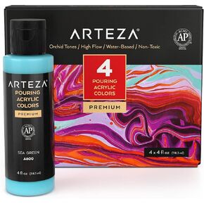 ARTEZA Acrylic Pouring Paint Set, 4 Orchid Colors, 4 oz Bottles, High-Flow Paint, No Mixing Needed, Art Supplies for Canvas, Glass, Paper, Wood, Tile, and Stones, Orchid Tones, 16 Fl Oz (Pack of 1) in Kuwait