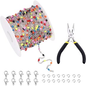 Tanstic 42Pcs 16.4Feet/5M Beaded Silver Chain Kit, Stainless Steel Pink Bead Link Chain, Rosary Chain Bulk with Lobster Clasps, Jump Rings and Pliers for Bracelet Necklace Jewelry Making