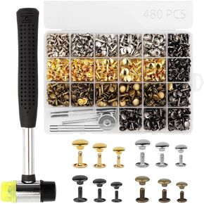 480 PCS Leather Rivets Kit, 4 Colors Double Cap Rivets, 3 Sizes Rivets for Leather, Rubber Hammer Fixing Tool Kit for DIY, Leather Craft Clothes Shoes Decoration and Repair in Saudi Arabia