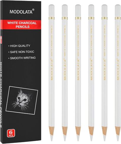 أقلام رصاص الفحم الأبيض للفنان، مجموعة من 6 أقلام رسم بيضاء للرسومات التوضيحية والتظليل والمزج والرسم والورق الأسود in Kuwait