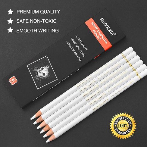 أقلام رصاص الفحم الأبيض للفنان، مجموعة من 6 أقلام رسم بيضاء للرسومات التوضيحية والتظليل والمزج والرسم والورق الأسود in Kuwait