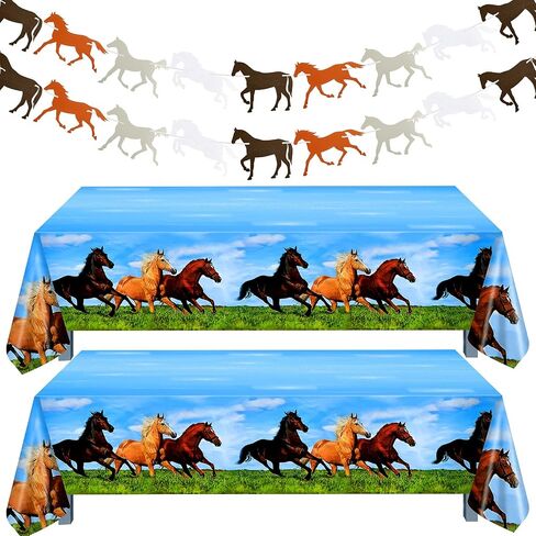 Outus 4 Pieces Horse Party Decorations Supplies Including 2 Pieces Horse Plastic Tablecloths and 2 Pieces Horse Garland Paper Banners for Horse Themed Party Horse Racing Activity in Saudi Arabia