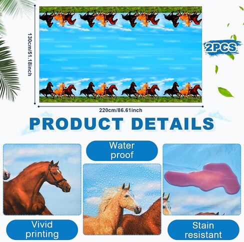 Outus 4 Pieces Horse Party Decorations Supplies Including 2 Pieces Horse Plastic Tablecloths and 2 Pieces Horse Garland Paper Banners for Horse Themed Party Horse Racing Activity in Saudi Arabia