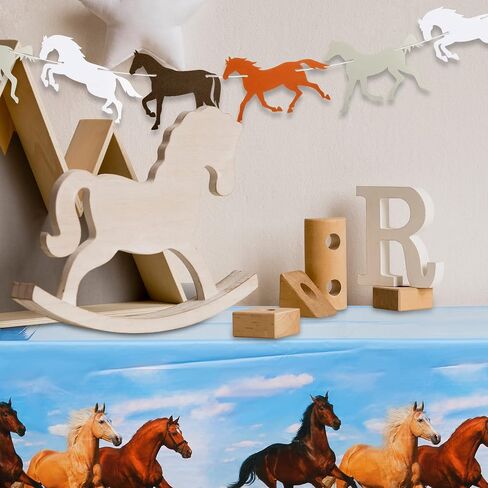 Outus 4 Pieces Horse Party Decorations Supplies Including 2 Pieces Horse Plastic Tablecloths and 2 Pieces Horse Garland Paper Banners for Horse Themed Party Horse Racing Activity in Saudi Arabia