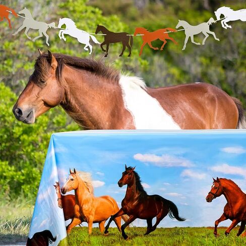 Outus 4 Pieces Horse Party Decorations Supplies Including 2 Pieces Horse Plastic Tablecloths and 2 Pieces Horse Garland Paper Banners for Horse Themed Party Horse Racing Activity in Saudi Arabia