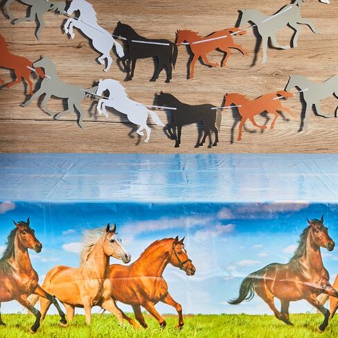 Outus 4 Pieces Horse Party Decorations Supplies Including 2 Pieces Horse Plastic Tablecloths and 2 Pieces Horse Garland Paper Banners for Horse Themed Party Horse Racing Activity in Saudi Arabia