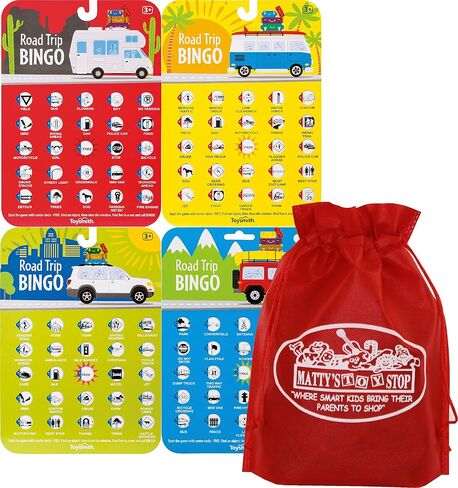 Toysmith Road Trip Bingo Cards Red, Blue, Green & Orange Gift Set Travel Bundle with Bonus Matty's Toy Stop Storage Bag - 4 Pack in Saudi Arabia