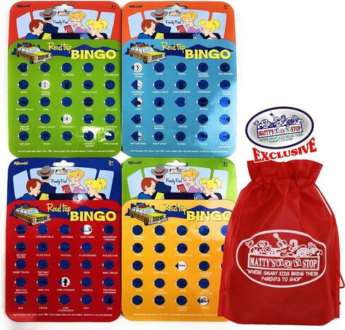 Toysmith Road Trip Bingo Cards Red, Blue, Green & Orange Gift Set Travel Bundle with Bonus Matty's Toy Stop Storage Bag - 4 Pack in Saudi Arabia