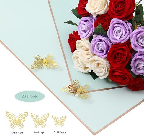 باقة ورق تغليف الزهور الشفافة من FWSA WRAPS، ورق لف الزهور بحافة ذهبية، بما في ذلك زخارف الفراشة ثلاثية الأبعاد، 20 ورقة 22.44 × 22.44 بوصة (شفاف -20 قطعة) in Kuwait