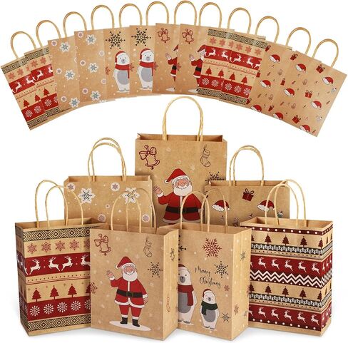 Christmas Gift Bags, 24 PCS Reusable Christmas Treat Bags, Paper Gift Bags with Handles & Christmas Prints, Christmas Bags for Gifts Holiday Gift Bags Xmas Gift Bags Party Favors, 7.08x3.5x8.85 Inch in Saudi Arabia
