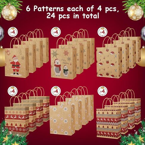 Christmas Gift Bags, 24 PCS Reusable Christmas Treat Bags, Paper Gift Bags with Handles & Christmas Prints, Christmas Bags for Gifts Holiday Gift Bags Xmas Gift Bags Party Favors, 7.08x3.5x8.85 Inch in Saudi Arabia