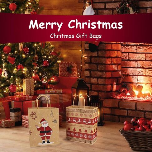 Christmas Gift Bags, 24 PCS Reusable Christmas Treat Bags, Paper Gift Bags with Handles & Christmas Prints, Christmas Bags for Gifts Holiday Gift Bags Xmas Gift Bags Party Favors, 7.08x3.5x8.85 Inch in Saudi Arabia