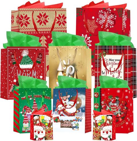 24 حزمة من أكياس هدايا عيد الميلاد بأحجام متنوعة: حقائب عيد الميلاد مع مناديل ورقية، أكياس هدايا كبيرة الحجم، أكياس تغليف هدايا قابلة لإعادة الاستخدام لحفلات أعياد الميلاد وحقائب هدايا العطلات، كبيرة الحجم ومتوسطة وصغيرة in Kuwait