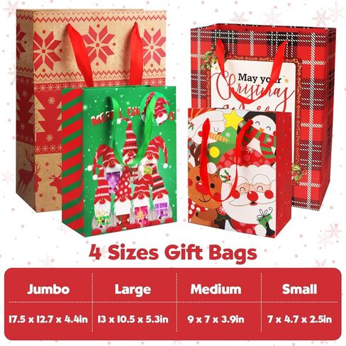 24 حزمة من أكياس هدايا عيد الميلاد بأحجام متنوعة: حقائب عيد الميلاد مع مناديل ورقية، أكياس هدايا كبيرة الحجم، أكياس تغليف هدايا قابلة لإعادة الاستخدام لحفلات أعياد الميلاد وحقائب هدايا العطلات، كبيرة الحجم ومتوسطة وصغيرة in Kuwait
